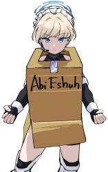 Rule 34 | 1girl, blonde hair, blue archive, blue eyes, bodysuit, box, cardboard box, cardboard box gundam, clenched hands, commentary request, gundam, halo, headset, highres, looking at viewer, maid, maid headdress, parody, sidelocks, simple background, sketch, sleeveless, solo, tenten (chan4545), toki (blue archive), white background