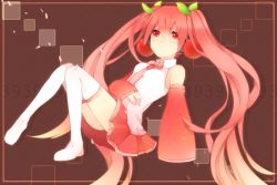 Rule 34 | 1girl, 39, bad id, bad pixiv id, boots, cherry, detached sleeves, food, fruit, hatsune miku, long hair, necktie, red eyes, red hair, sakura miku, sitting, skirt, solo, thigh boots, thighhighs, twintails, very long hair, vocaloid, zaki127