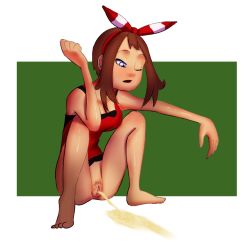 Rule 34 | 1girl, barefoot, blue eyes, blush, bottomless, breasts, brown hair, cleavage, collarbone, creatures (company), female pubic hair, game freak, green background, hairband, large breasts, long hair, looking down, may (pokemon), nintendo, one eye closed, open mouth, peeing, pokemon, pokemon oras, pubic hair, purple hair, pussy, red shirt, shdingo, shirt, solo, squatting, tank top, uncensored
