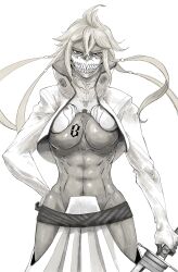 Rule 34 | 1girl, abs, absurdres, artist request, bleach, breast tattoo, espada, highres, mask, monochrome, muscular, muscular female, number tattoo, tattoo, thighs, tier harribel, traditional media, underwear, underwear only