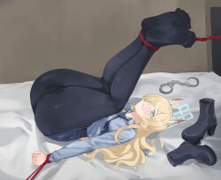 Rule 34 | 1girl, absurdres, animal ears, ass, black pantyhose, blonde hair, blue archive, blue eyes, blush, boots, unworn boots, bound, bound ankles, chuck (harfmoondark), cuffs, hair over one eye, handcuffs, highres, kanna (blue archive), long hair, lying, necktie, on back, pantyhose, pencil skirt, restrained, skirt, solo, torn clothes
