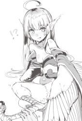 Rule 34 | !?, 1girl, ahoge, animal ears, bird ears, blush, breasts, claws, commentary request, greyscale, harpy, highres, japanese clothes, kawasumi (tk2k jade), kimono, long hair, long sleeves, looking at viewer, monochrome, monster girl, nipple slip, nipples, no bra, off shoulder, original, simple background, small breasts, solo focus, sweatdrop, white background, wide sleeves, winged arms, wings