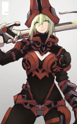 Rule 34 | 1girl, armor, artist request, bad id, bad pixiv id, blonde hair, breasts, cleavage, cleavage cutout, closed mouth, clothing cutout, commentary, eyes visible through hair, gun, hair between eyes, helmet, highres, holding, holding gun, holding weapon, kuva lich, large breasts, looking at viewer, looking down, rifle, short hair, simple background, solo, warframe, weapon, yellow eyes