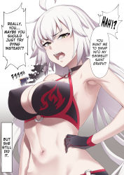 Rule 34 | 1girl, ahoge, armpits, bare shoulders, bikini, black bikini, black gloves, breasts, choker, cleavage, collarbone, covered erect nipples, english text, fate/grand order, fate (series), gloves, hair between eyes, hand on, hard-translated, highres, jeanne d&#039;arc alter (fate), jeanne d&#039;arc alter (swimsuit berserker) (fate), large breasts, long hair, looking at viewer, midriff, mku, navel, o-ring, o-ring bikini, open mouth, solo, speech bubble, stomach, swimsuit, third-party edit, white background, white hair, yellow eyes