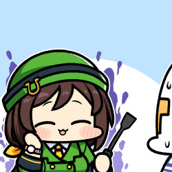 Rule 34 | 1boy, 1girl, aura, blush stickers, bow, bowler hat, brown hair, buttons, chibi, collared shirt, commentary, dark aura, double-breasted, dress, faceless, faceless male, false smile, green headwear, green jacket, hair bow, hand on own face, hat, hayakawa tazuna, holding, holding riding crop, horseshoe hat ornament, jacket, jazz jack, long sleeves, lowres, outline, riding crop, shirt, smile, suit jacket, sweatdrop, t-head trainer, trainer (umamusume), umamusume, umayuru, watch, white shirt, wristwatch, yellow bow