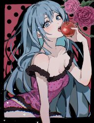 Rule 34 | 1girl, apple, blue eyes, flower, food, fruit, hatsune miku, highres, inu totemo, pajamas, romeo to cinderella (vocaloid), rose, solo, vocaloid