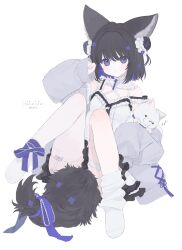 Rule 34 | 1girl, 33bun3, :o, absurdres, animal, animal collar, animal ears, asymmetrical legwear, black hair, bow, bun cover, chinese knot, collar, colored inner hair, commission, commissioner name, cross-laced clothes, dog, dog ears, dog girl, dog tail, dot nose, double bun, dress, frilled dress, frills, full body, garter straps, hair bun, hand to head, highres, holding, holding animal, holding dog, jacket, leg ribbon, legs up, looking at viewer, multicolored hair, off shoulder, open clothes, open jacket, original, purple eyes, purple hair, ribbon, simple background, single loose sock, single thighhigh, skeb commission, sleeves past fingers, sleeves past wrists, solo, tail, tail bow, tail ornament, thank you, thigh strap, thighhighs, twitter username, two-tone hair, white background, white thighhighs, zzz
