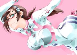 Rule 34 | 1girl, arm up, ass, black hairband, bodysuit, breasts, brown hair, closed mouth, commentary request, evangelion: 3.0+1.0 thrice upon a time, glasses, hairband, highres, looking at viewer, low twintails, makinami mari illustrious, medium breasts, medium hair, mike156, neon genesis evangelion, outstretched arm, plugsuit, rebuild of evangelion, red-framed eyewear, semi-rimless eyewear, signature, smile, solo, turtleneck, turtleneck bodysuit, twintails, white bodysuit