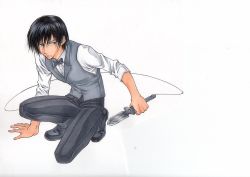 Rule 34 | 00s, 1boy, alternate costume, black hair, blue eyes, bow, bowtie, darker than black, full body, hei (darker than black), knife, male focus, shirt, simple background, solo, squatting, traditional media, vest, waistcoat, weapon, white background, white shirt, wire