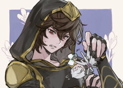 Rule 34 | 1boy, ahoge, angry, bishounen, blue hair, brown hair, chibi, clenched teeth, commentary, commentary request, empty eyes, floral background, flower, gloves, granblue fantasy, hair between eyes, holding, holding chibi, holding flower, hood, hood up, lucifer (shingeki no bahamut), messy hair, purple background, red eyes, sandalphon (granblue fantasy), short hair, sweatdrop, teeth, tekki (tki), upper body, white hair