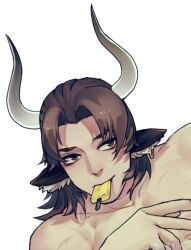Rule 34 | 1boy, animal ears, arknights, artist request, bara, beach, brown hair, cow boy, cow ears, cow horns, eyelashes, food, food in mouth, horns, jitome, looking to the side, lying, male focus, matterhorn (arknights), medium hair, muscular, muscular male, nude, pectorals, portrait, single horn, solo, tail, thick eyebrows