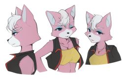 Rule 34 | 1girl, :3, animal ears, animal nose, bad id, bad pixiv id, bare shoulders, black jacket, black vest, blue eyes, blue eyeshadow, body fur, breasts, cat ears, cat girl, collarbone, collared jacket, collared vest, crop top, cropped torso, cropped vest, expressions, eyeshadow, female focus, from side, furry, furry female, half-closed eyes, happy, jacket, jewelry, katt monroe, looking at viewer, makeup, medium breasts, multiple views, namagaki yukina, navel, necklace, nintendo, one eye closed, open clothes, open jacket, open mouth, open vest, pink fur, profile, shirt, short hair, sideways mouth, simple background, sketch, smile, snout, star fox, star fox 64, two-tone fur, upper body, vest, white background, white fur, white hair, wink, yellow shirt