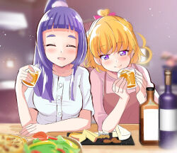 Rule 34 | 2girls, aged up, alcohol, asahina mirai, blonde hair, blunt bangs, blurry, blurry background, blush, bottle, brown dress, cheese, closed eyes, commentary, cup, dress, drinking glass, drunk, food, hair ornament, hair over shoulder, hair ribbon, hair scrunchie, half-closed eyes, holding, holding cup, indoors, izayoi liko, leaning on person, leaning to the side, long hair, mahou girls precure!, medium hair, mitumi mira, multiple girls, one side up, pinafore dress, pink ribbon, pink shirt, pizza, ponytail, precure, purple eyes, purple hair, restaurant, ribbon, sake bottle, salad, scrunchie, shirt, short sleeves, shot glass, sleeveless, sleeveless dress, straight hair, white scrunchie, white shirt