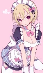 Rule 34 | 1girl, absurdres, apron, between legs, black ribbon, blonde hair, blue dress, blush, breasts, cleavage, collarbone, cross, cross earrings, detached collar, dress, ear piercing, earrings, hair between eyes, heart, highres, idolmaster, idolmaster shiny colors, jewelry, looking at viewer, maid, maid apron, maid headdress, medium breasts, open mouth, piercing, pink background, pink ribbon, plaid, plaid dress, purple eyes, ribbon, saijo juri, short hair, simple background, sitting, solo, soushitsuchang, sweatdrop, thighhighs, wariza, white thighhighs, wince, wrist cuffs