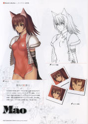 Rule 34 | 1girl, animal ears, breasts, brown eyes, brown hair, character sheet, chinese clothes, concept art, covered navel, dress, elbow gloves, female focus, fox ears, gloves, highres, lineart, mao (shining tears), partially colored, shining (series), shining wind, short hair, simple background, small breasts, smile, solo, standing, tony taka, variations