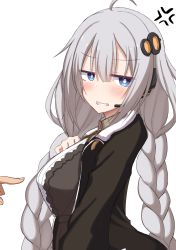 Rule 34 | 1girl, 1other, absurdres, ahoge, anger vein, black jacket, blush, braid, breasts, clenched teeth, collared shirt, commentary request, dress, from side, grey dress, grey hair, hair between eyes, hair ornament, hand up, headphones, headset, highres, jacket, kizuna akari, long hair, long sleeves, looking away, looking to the side, low twintails, makochan42, medium breasts, open clothes, open jacket, puffy long sleeves, puffy sleeves, shirt, simple background, teeth, twin braids, twintails, upper body, very long hair, voiceroid, white background, white shirt