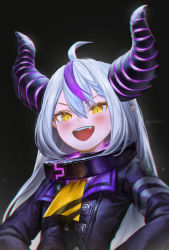 Rule 34 | 1girl, :d, absurdres, ahoge, artofkuzu, ascot, black background, black jacket, blush, collar, commentary, demon horns, english commentary, hair between eyes, highres, hololive, horns, jacket, la+ darknesss, long hair, long sleeves, metal collar, multicolored hair, open mouth, pointy ears, purple hair, silver hair, smile, solo, streaked hair, twitter username, upper body, v-shaped eyebrows, virtual youtuber, yellow ascot, yellow eyes