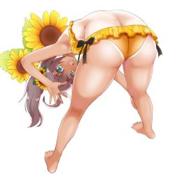 Rule 34 | 1girl, ahoge, ass, barefoot, bent over, bikini, black ribbon, blue eyes, breasts, brown hair, butt crack, commentary request, flower, frilled bikini, frills, from behind, hair flower, hair ornament, highres, hololive, leaning forward, looking at viewer, looking back, natsuiro matsuri, natsuiro matsuri (hololive summer 2019), neruhi, official alternate costume, open mouth, ribbon, side ponytail, small breasts, smile, solo, standing, sunflower, sunflower hair ornament, swimsuit, tan, tanline, virtual youtuber, white background, yellow bikini
