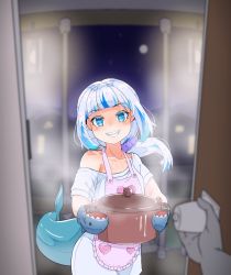 Rule 34 | 1girl, apron, blue eyes, blue hair, city lights, door, doorway, fins, fish tail, gawr gura, grey hair, heart apron, highres, hololive, hololive english, low ponytail, moral cacoethes, multicolored hair, night, night sky, off shoulder, oven mitts, pov doorway, shark tail, sky, smile, streaked hair, tail, teeth, virtual youtuber
