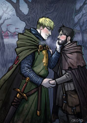 Rule 34 | 2boys, aged up, alternate costume, alternate facial hair, alternate universe, armor, bad id, bad tumblr id, bara, bare tree, beard, black hair, blonde hair, blush, breath, brown cloak, chainmail, cloak, couple, cris art, eye contact, facial hair, feet out of frame, hand on another&#039;s cheek, hand on another&#039;s face, holding hands, hulkling, kate bishop, knight, leather, looking at another, male focus, marvel, medieval, multiple boys, mustache, sheath, sheathed, short hair, sideburns, standing, sword, thick eyebrows, tree, weapon, wiccan, yaoi, young avengers