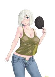 Rule 34 | 1girl, blue eyes, blue pants, breasts, cleavage, contrapposto, cowboy shot, denim, green tank top, hair ornament, hair over one eye, hairclip, hamakaze (kancolle), hand fan, highres, jeans, jouzaburou (joe3), kantai collection, large breasts, looking at viewer, open fly, panties, pants, paper fan, short hair, silver hair, simple background, solo, tank top, uchiwa, underwear, white background, white panties
