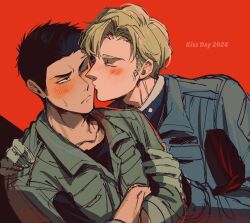 Rule 34 | 2024, 2boys, ao isami, black hair, blonde hair, blue jumpsuit, blush, closed eyes, couple, crazy kinoko, crossed arms, facial hair, green jumpsuit, hand on another&#039;s arm, hand on another&#039;s shoulder, highres, jumpsuit, kiss, kiss day, kissing cheek, lewis smith, male focus, multiple boys, red background, short hair, sideburns stubble, simple background, sketch, stubble, sweatdrop, upper body, yaoi, yuuki bakuhatsu bang bravern
