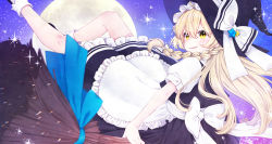 Rule 34 | 1girl, absurdres, apron, back bow, black dress, black footwear, blonde hair, bobby socks, border, bow, braid, broom, broom riding, commentary, dress, frilled apron, frilled dress, frills, full moon, hair ribbon, hat, hat bow, highres, kirisame marisa, long hair, looking at viewer, looking back, medium dress, moon, open mouth, puffy short sleeves, puffy sleeves, ribbon, shoes, short sleeves, single braid, smile, socks, solo, sparkle, star (symbol), starry background, touhou, white apron, white border, white ribbon, white socks, witch hat, yamada sakura, yellow eyes
