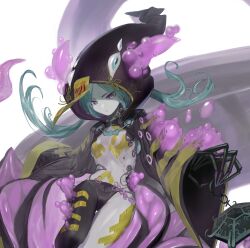 Rule 34 | 1girl, aqua hair, black pantyhose, black robe, breasts, colored skin, commentary request, eyes visible through hair, grey skin, highres, holding, hood, hooded robe, long hair, long sleeves, looking at viewer, monster girl, ofuda, original, pantyhose, purple eyes, robe, simple background, single leg pantyhose, slit pupils, small breasts, snake, solo, toriseka, twintails, white background, wide sleeves