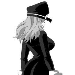 Rule 34 | 10s, 1girl, animated, animated gif, ass, blush, bodysuit, boku no hero academia, bouncing breasts, breasts, cleavage, curvy, from behind, gloves, greyscale, hand on own hip, hat, hat tip, large breasts, lewdamone, looking at viewer, looking back, monochrome, parted lips, simple background, smile, solo, utsushimi kemii, white background