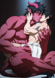 Rule 34 | 2boys, arm hair, bara, borrowed character, chest hair, colored skin, completely nude, demon, demon tail, dominique (the devil and s-13), ear piercing, feet out of frame, hug, kiss, leg hair, male focus, multiple boys, nipples, nude, orange eyes, pectorals, piercing, pointy ears, red skin, schizoid, size difference, steen (the devil and s-13), tail, the devil and s-13, towel, white towel, yaoi