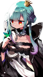 Rule 34 | 1girl, aloe (kenkou3733), aqua hair, asymmetrical hair, bare shoulders, black coat, black dress, bug, butterfly, butterfly on hand, coat, coat on shoulders, collarbone, colored tips, commentary, cowboy shot, crown, detached collar, double bun, dress, english commentary, flat chest, frilled dress, frilled straps, frills, hair bun, highres, hololive, insect, long hair, looking at animal, mini crown, multicolored hair, off-shoulder dress, off shoulder, pink hair, popped collar, red eyes, short sleeves, sidelocks, signature, simple background, solo, tilted headwear, twintails, uneven twintails, uruha rushia, uruha rushia (3rd costume), virtual youtuber, white background, wristband
