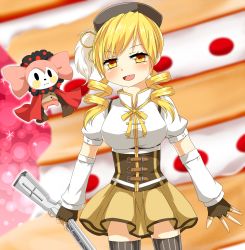 Rule 34 | 10s, 1girl, :o, beret, blonde hair, blush, breasts, brown thighhighs, cake, charlotte (madoka magica), detached sleeves, drill hair, fingerless gloves, food, glitter, gloves, gun, hair ornament, hairpin, hat, large breasts, magical girl, magical musket, mahou shoujo madoka magica, mahou shoujo madoka magica (anime), open mouth, pleated skirt, puffy sleeves, ribbon, rifle, shirt, skirt, smile, striped clothes, striped thighhighs, taut clothes, taut shirt, thighhighs, tomoe mami, twin drills, twintails, vertical-striped clothes, vertical-striped thighhighs, weapon, witch&#039;s labyrinth, yellow eyes, yuria (kittyluv), zettai ryouiki
