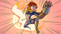Rule 34 | 1girl, armor, blue eyes, bow, breasts, captain falcon, captain falcon (cosplay), cosplay, f-zero, falcon punch, foreshortening, full body, gloves, greaves, hair bow, kosaka honoka, love live!, love live! school idol project, nintendo, punching, red hair, scarf, solo, super smash bros., tears, triple-q