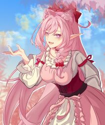 Rule 34 | 1girl, absurdres, animal ear fluff, animal ears, blue sky, braid, breasts, cat ears, diamond-shaped pupils, diamond (shape), dress, elf, elysia (herrscher of human: ego) (honkai impact), elysia (honkai impact), hair between eyes, hair ribbon, highres, honkai (series), honkai impact 3rd, large breasts, li shijin, long hair, long sleeves, looking at viewer, official alternate costume, pink dress, pink hair, pointy ears, puffy long sleeves, puffy sleeves, purple eyes, red ribbon, ribbon, single braid, sky, solo, symbol-shaped pupils, very long hair