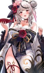 Rule 34 | 1girl, :d, absurdres, black choker, black hair, blush, braid, breasts, chest sarashi, choker, cleavage, commentary request, cup, fang, flower, frilled sleeves, frills, hair bun, hair flower, hair ornament, hair ribbon, highres, holding, holding cup, hololive, japanese clothes, kimono, large breasts, long hair, long sleeves, looking at viewer, multicolored hair, nail polish, off shoulder, open mouth, pink flower, red eyes, red nails, ribbon, sak (lemondisk), sakamata chloe, sakamata chloe (new year), sakazuki, sarashi, silver hair, simple background, single hair bun, smile, solo, streaked hair, tassel, thigh strap, thighhighs, virtual youtuber, white background, white kimono, wide sleeves