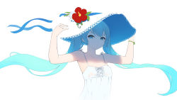 Rule 34 | 1girl, aqua hair, armpits, arms up, bare arms, bare shoulders, blue eyes, blue hair, cait aron, collarbone, commentary, dress, flat chest, flower, hands on headwear, hat, hat flower, hat ornament, hatsune miku, hibiscus, highres, looking at viewer, parted lips, red flower, simple background, sleeveless, sleeveless dress, smile, solo, sun hat, sundress, vocaloid, white background, white dress, white hat, wristband