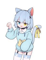 Rule 34 | 1girl, :d, absurdres, animal ears, blouse, blue eyes, blue hair, blue hoodie, cat, cat ears, cat girl, hair ornament, heterochromia, hh, highres, hood, hoodie, long sleeves, looking at viewer, open mouth, original, paw pose, shirt, short hair, simple background, smile, solo, thighhighs, white shirt, white thighhighs