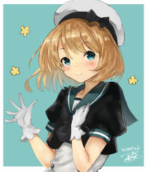 Rule 34 | 1girl, :&gt;, alternate hair length, alternate hairstyle, blonde hair, blue background, blue eyes, blue sailor collar, dated, dress, gloves, hat, jervis (kancolle), kantai collection, looking at viewer, sailor collar, sailor dress, sailor hat, short hair, short sleeves, signature, smile, solo, toka (marchlizard), upper body, white dress, white gloves, white hat