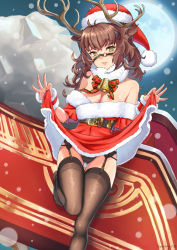 Rule 34 | 1girl, animal ears, antlers, artist name, bare shoulders, bell, belt, black panties, black thighhighs, bow, bowtie, breasts, brown hair, christmas, cleavage, clothes lift, deer ears, dress, dress lift, dutch angle, full moon, fur collar, fur trim, garter belt, gift, gluteal fold, harness, hat, head tilt, highres, horns, knees together feet apart, large breasts, leg up, lifting own clothes, long hair, looking at viewer, messy hair, moon, night, off shoulder, original, outdoors, panties, parted lips, red dress, red hat, reindeer antlers, sack, santa costume, santa hat, shiny clothes, shiny skin, short sleeves, signature, sleigh, snowing, solo, standing, standing on one leg, thigh gap, thighhighs, underwear, wristband, yanagino (yanagino3), yellow eyes