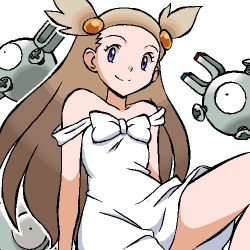 Rule 34 | 1girl, aliasing, arm support, black eyes, brown hair, closed mouth, collarbone, creatures (company), dress, female focus, flat chest, forehead, game freak, gen 1 pokemon, gomatarou (pixiv196136), gym leader, hair bobbles, hair ornament, happy, jasmine (pokemon), knee up, long hair, looking at viewer, lowres, magnemite, nintendo, off shoulder, one-eyed, outline, pokemon, pokemon (creature), pokemon gsc, purple eyes, simple background, sitting, sleeveless, sleeveless dress, smile, solo focus, white background, white dress, white outline