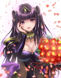Rule 34 | 1girl, bare shoulders, black dress, black hair, blunt bangs, bouquet, breasts, bridal gauntlets, choker, cleavage, commentary request, detached sleeves, dress, fire emblem, fire emblem awakening, fire emblem heroes, flower, gold choker, gold trim, hair ornament, hand on own face, highres, holding, holding bouquet, kakiko210, large breasts, lips, long hair, looking at viewer, nintendo, official alternate costume, open mouth, petals, pink lips, purple eyes, red flower, red rose, rose, simple background, smile, solo, tharja (bridal) (fire emblem), tharja (fire emblem), two side up, wedding dress, white background