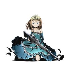 Rule 34 | 10s, 1girl, aqua dress, black bullet, blonde hair, blue eyes, breasts, collarbone, detached sleeves, divine gate, dress, frilled dress, frills, full body, gun, hair ornament, holding, holding gun, holding weapon, layered dress, looking at viewer, official art, on one knee, rifle, shadow, short hair, sleeveless, sleeveless dress, small breasts, sniper rifle, solo, tina sprout, transparent background, ucmm, weapon