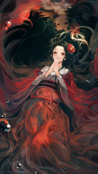 Rule 34 | 1girl, a maru, artist name, bad id, bad pixiv id, black hair, brown eyes, closed mouth, crying, crying with eyes open, flower, from above, hair flower, hair ornament, hakama, hakama skirt, highres, japanese clothes, kimono, long hair, long sleeves, looking afar, looking away, miko, obi, original, own hands together, praying, red flower, red hakama, reflection, sash, skirt, smile, solo, sparkle, tears, very long hair, water, water drop, white kimono