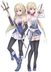 Rule 34 | 2girls, black legwear, blonde hair, blue eyes, blush, boots, breasts, choker, cleavage, detached sleeves, large breasts, long hair, multiple girls, original, pantyhose, polearm, rapier, ray-akila, scowl, simple background, skirt, small breasts, smile, sword, thighhighs, trident, weapon, white background, zettai ryouiki