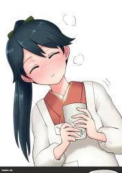 Rule 34 | 1girl, apron, black hair, blush, closed eyes, closed mouth, cup, cypress, facing viewer, hair between eyes, holding, holding cup, houshou (kancolle), japanese clothes, kantai collection, kappougi, kimono, long hair, long sleeves, motion lines, pink kimono, simple background, smile, solo, twitter username, upper body, white background