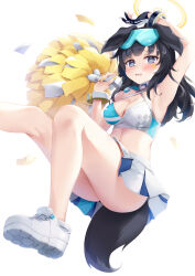 Rule 34 | 1girl, animal ears, ass, black hair, blue archive, blue eyes, blush, breasts, cheerleader, crop top, dog ears, dog girl, dog tail, eyewear on head, gloves, goggles, goggles on head, halo, hibiki (blue archive), hibiki (cheer squad) (blue archive), highres, hinoka (allen), holding, holding pom poms, long hair, looking at viewer, medium breasts, millennium cheerleader outfit (blue archive), no socks, official alternate costume, partially fingerless gloves, pom pom (cheerleading), pom poms, single glove, skirt, solo, star sticker, sticker on arm, sticker on face, tail, text print, white skirt, yellow halo, yellow nails