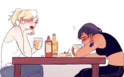 Rule 34 | 2girls, alcohol, artist name, bad id, bad twitter id, bare shoulders, black hair, blonde hair, blush, bottle, braid, breasts, cake, crop top, cup, dark-skinned female, dark skin, drinking glass, drunk, closed eyes, female focus, food, fork, from side, glasses, hair tubes, hand on own chin, head rest, holding, holding cup, holding drinking glass, ice, ice cube, laughing, medium breasts, mercy (overwatch), multiple girls, nose blush, open mouth, overwatch, overwatch 1, pants, pharah (overwatch), pink lips, ponytail, shirt, short hair, side braids, simple background, sitting, sketch, sleeveless, sleeveless shirt, toma (tomama97), whiskey, white background, white shirt
