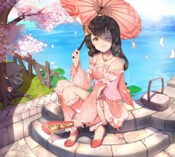 Rule 34 | .hack//, .hack//g.u., 1girl, :d, brown hair, cherry blossoms, commentary request, detached pants, fence, folding fan, hair ornament, hanami dango (zzldango), hand fan, highres, holding, holding fan, jewelry, jian xia qing yuan (series), jianxia qingyuan (series), jianxia qingyuan online 3, long sleeves, looking at viewer, necklace, ocean, oil-paper umbrella, one eye closed, open mouth, picnic basket, red footwear, shoes, sitting, smile, solo, stairs, tree, umbrella, water, watermark, wide sleeves, yellow eyes