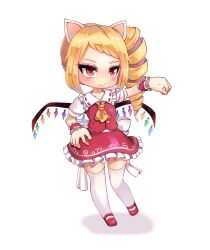 Rule 34 | 1girl, alternate hairstyle, animal ears, ascot, back bow, blonde hair, bow, chibi, chinese commentary, closed mouth, collarbone, collared shirt, commentary request, drill hair, flandre scarlet, frilled shirt collar, frills, full body, hand on own hip, highres, large bow, light smile, long hair, looking at viewer, mary janes, mofashi beibei, multicolored wings, no headwear, paw pose, puffy short sleeves, puffy sleeves, red eyes, red footwear, red skirt, red vest, shirt, shoes, short sleeves, skirt, skirt set, solo, thighhighs, touhou, vest, white bow, white shirt, white thighhighs, wings, wrist cuffs, yellow ascot