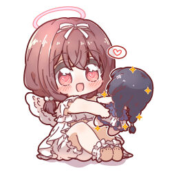 Rule 34 | 1girl, :d, ankle cuffs, barefoot, blush, brown hair, character doll, chibi, commentary request, dress, feathered wings, halo, heart, heart-shaped pupils, highres, ibuki nagisa, idoly pride, low twintails, medium hair, nagase kotono, nijiiro diary, open mouth, pink halo, red eyes, simple background, smile, symbol-shaped pupils, twintails, white background, white dress, white wings, wings